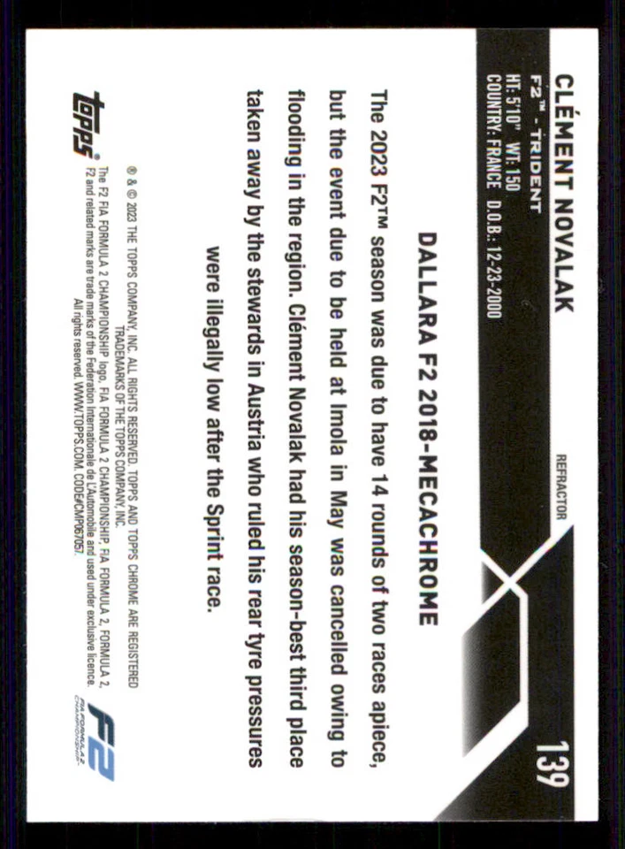 2023 Topps Chrome Formula 1 Refractors #139 Clement Novalak CAR - Image 2 of 2
