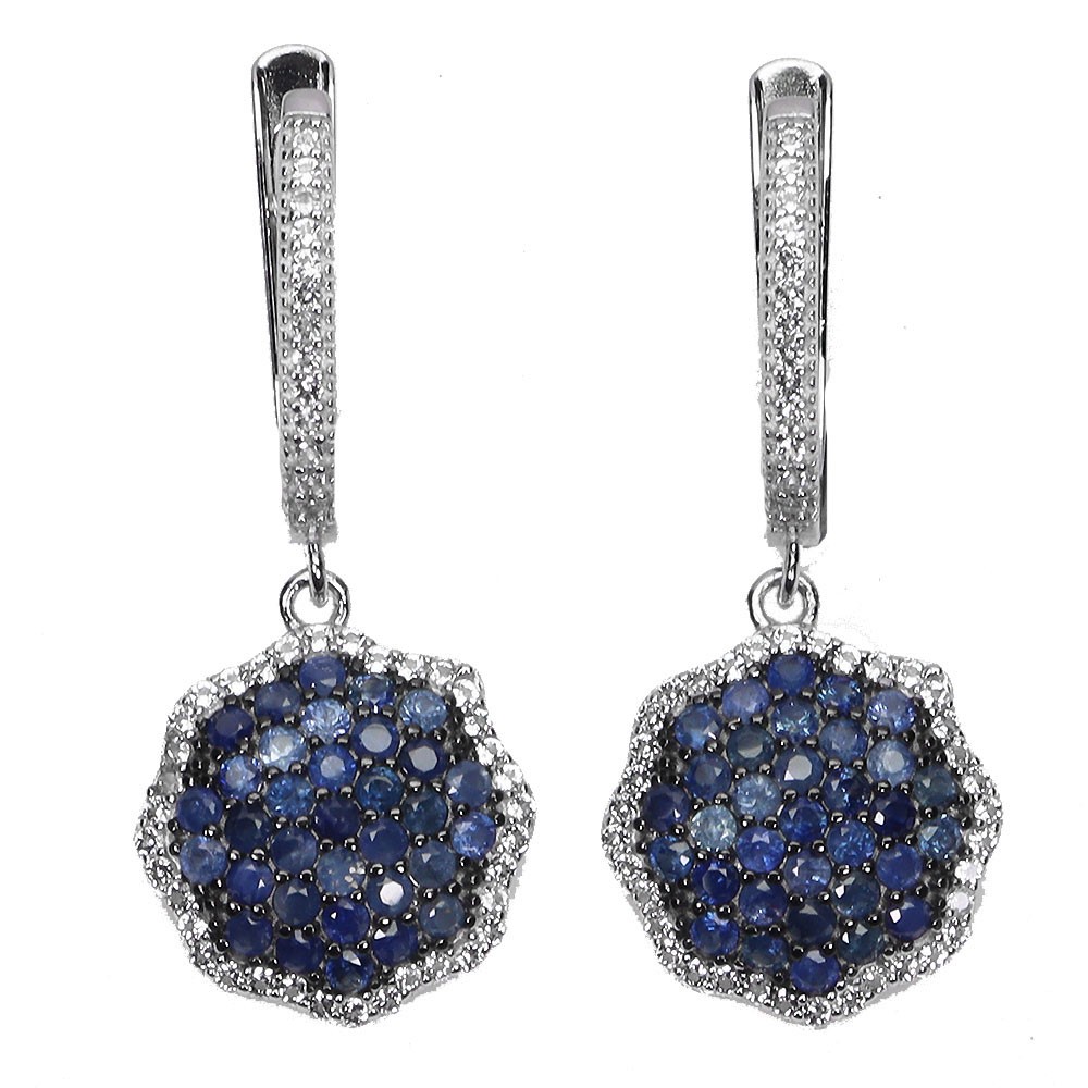 925 Sterling Silver Earrings Blue Sapphire Round Diamond Cut Topaz Gemstone