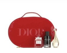 DIOR RED PATENT MAKEUP BAG 4PC SET/JADORE/MISS DIOR BLOOMING BOUQUET/SAUVAGE EDP
