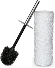 White Floral Design Resin Toilet Bowl Holder and Brush Set, Stylish Bathroom