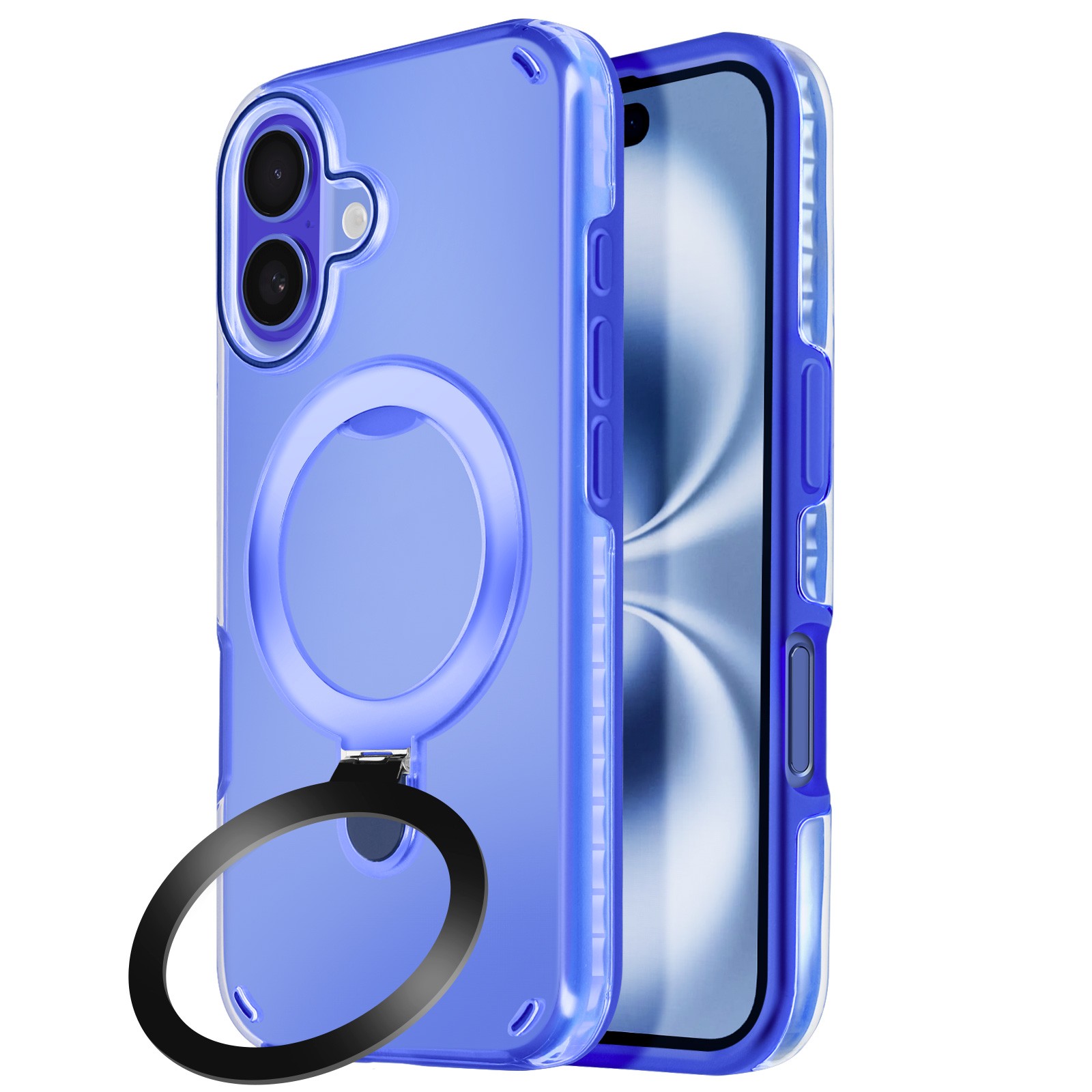 Coque iPhone 16 antichoc robuste bleue protection avec support