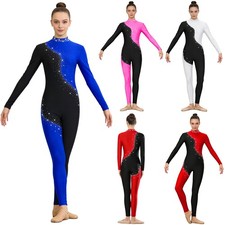 Women's Leotards Color Block Figure Skating Jumpsuit Dance Leotard Rhinestone