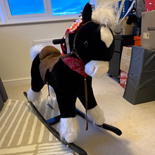 Black & White Plush Rocking Horse with Saddle, Bridle & Metal Stirrups