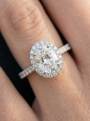 1.25 CT Oval Cut Halo Moissanite Engagement Ring 14K White Gold Plated For Women
