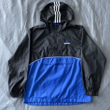 Vintage Adidas Windbreaker Boys L Black Blue 1/4 Zip Pullover Vented Youth Y2K