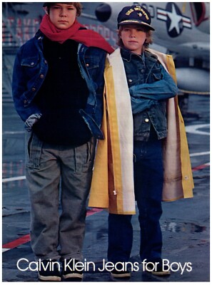 1983 Calvin Klein Print Ad, 80's Jeans For Boys USS Intrepid Flight Deck Jet