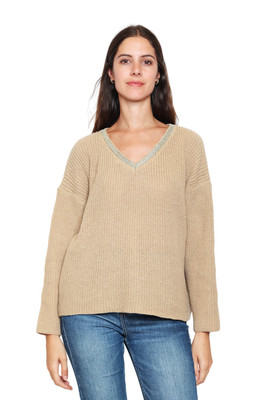 Damen Pullover Stylisch Oversize Gold V-Ausschnitt Wollpullover Uni Pulli Sweater
