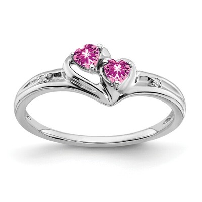 14K White Gold Created Pink Sapphire Diamond 2 Stone Heart Ring Love Band ...