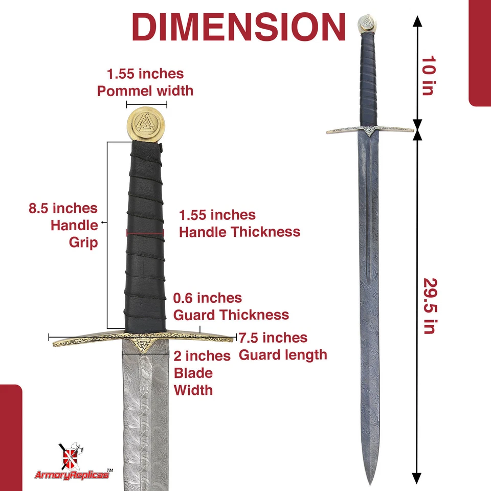 Einherjar Hoja de Valhalla Damasco Acero Vikingo Espada Larga Funda Cuero Libre Foto 2 de 4