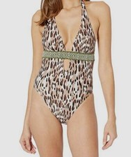  244 Vince Camuto Women's Brown Print Halter One Piece Swimsuit Swimwear Size 6