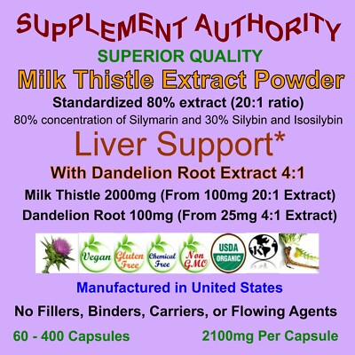 Milk Thistle Extract Powder Capsules with Dandelion Root Extract - 80% Silymarin