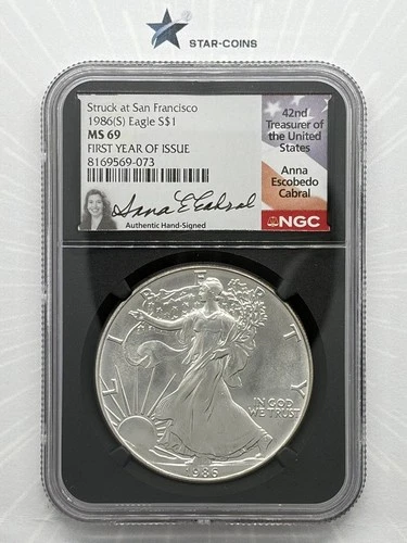 1986(S) Silver Eagle NGC MS69 Anna Cabral Signed