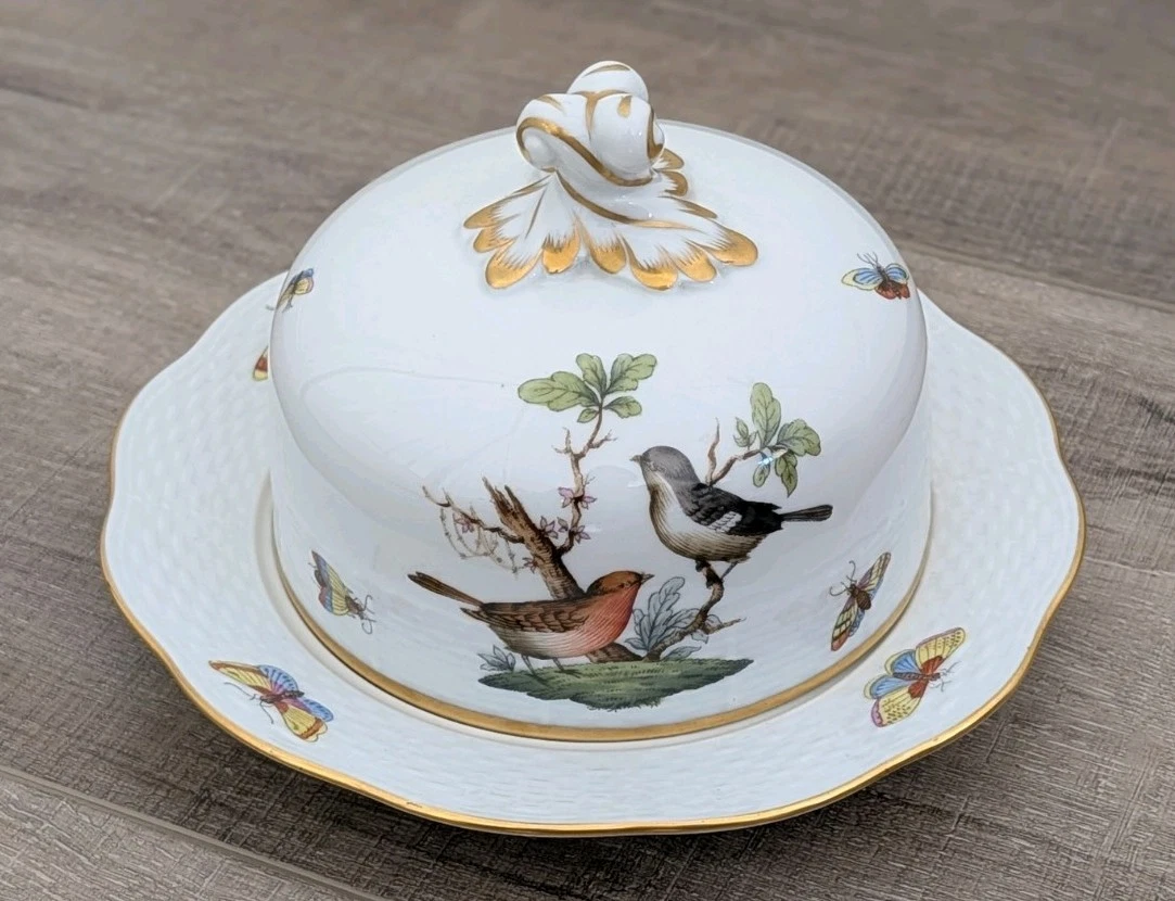 Herend Rothschild Bird Covered Butter Dish 2pc Set HandPainted Hungary Gold Trim