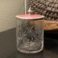 Tiffany & Co Cut Crystal Condiment Jar Sterling Silver Pink Guilloche Enamel Lid