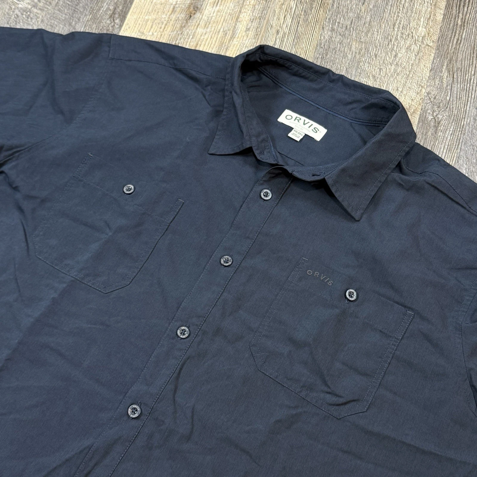 Orvis Button Up Fishing Shirt Mens XXL Blue Short Sleeve Outdoor Utility Tech