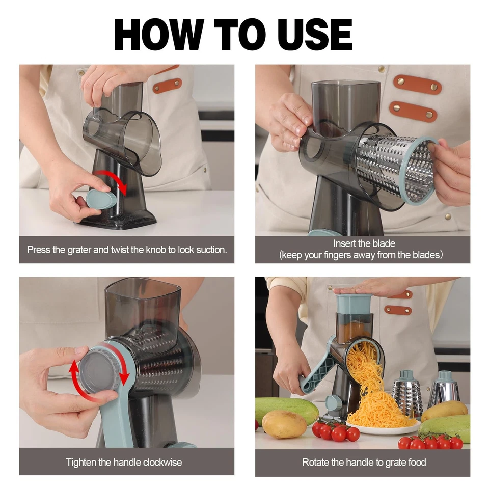 Ralador rotativo de queijo com 3 lâminas, fatiador manual vegetal e moedor de nozes transparente - Imagem 3 de 4