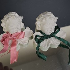 Cherub Ceramic White Christmas Ornaments Angel Stamped Scioto 1987 Pair Of 2