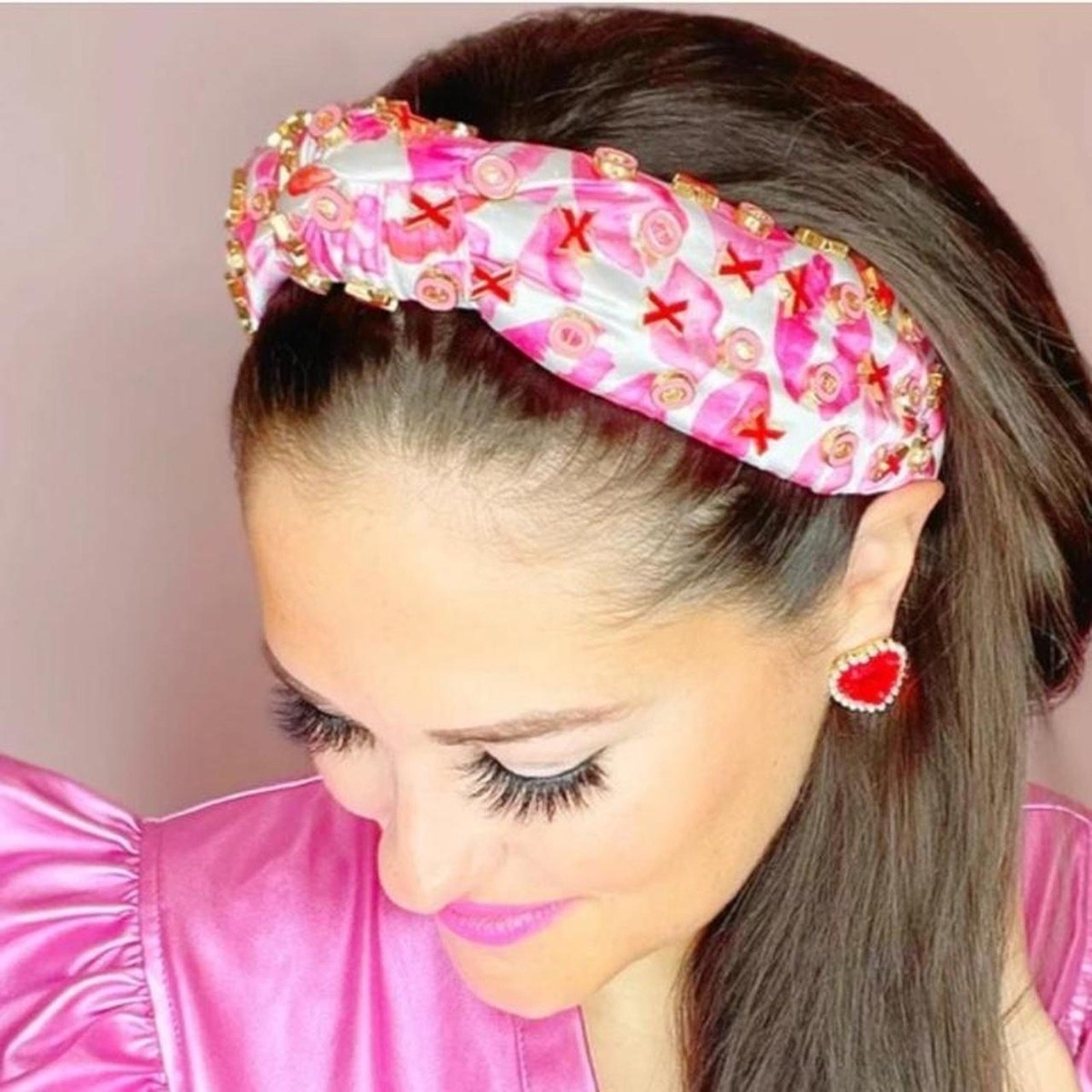 Brianna Cannon XOXO Headband Briana Cannon Satin Pink Red White XOXO Charm Kisses Lips  main image 3