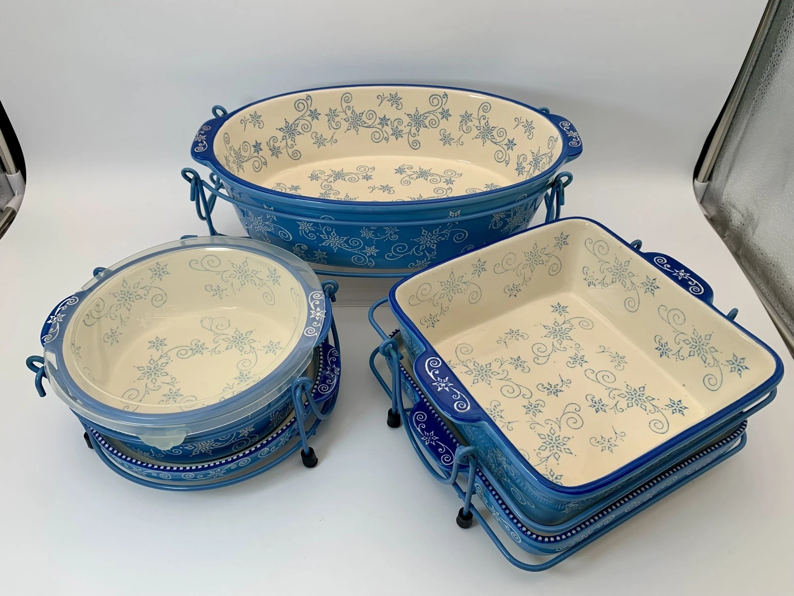 Temptations Tara Winter Blue Floral Lace 9 Pc Baking set. 3qt, 2qt & 1qt.