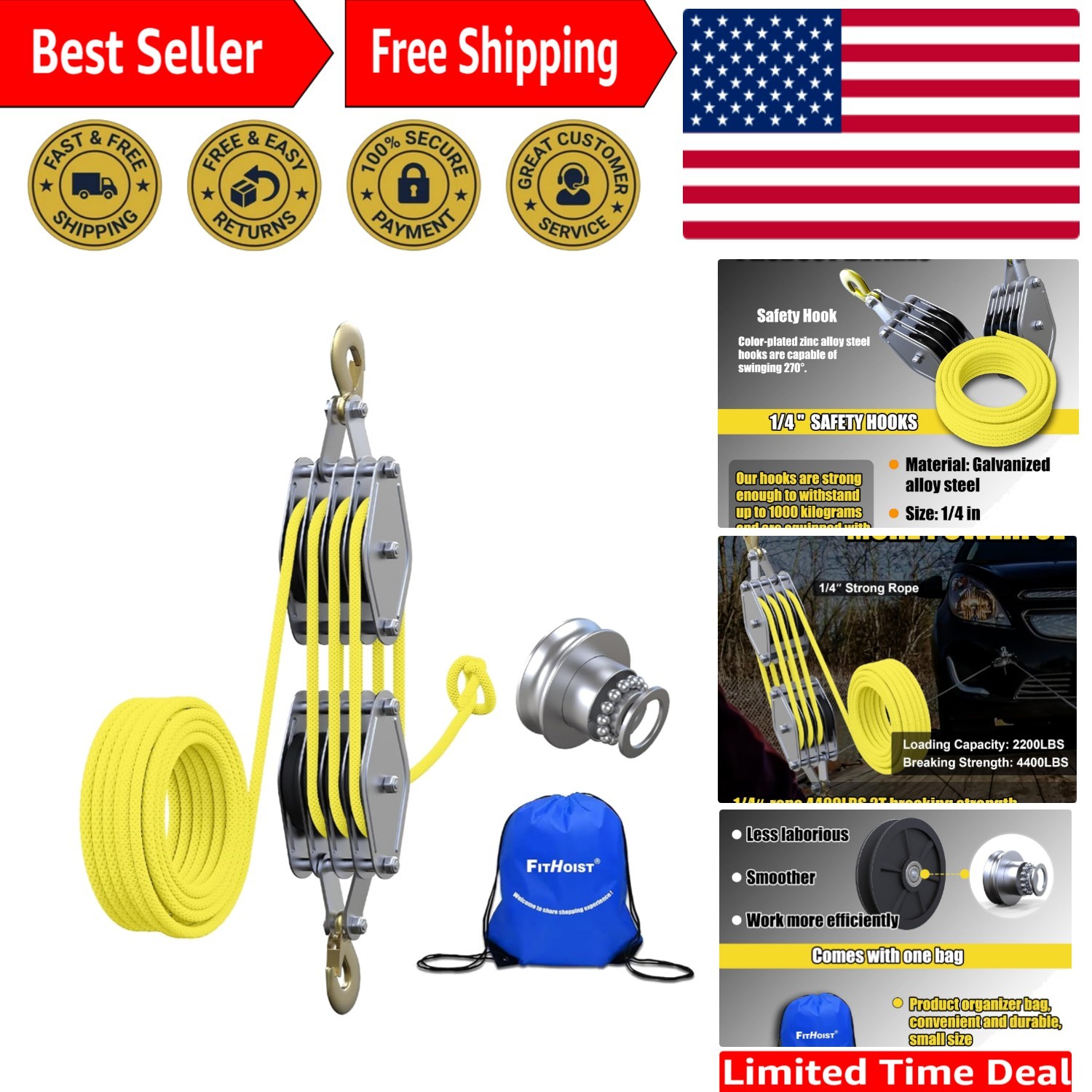 Heavy-Duty Pulley Hoist with 4400 LB Capacity & 65 Ft Rope - Durable & Efficient