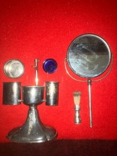 Antique Gentleman's Silver plated Barber Shaving Stand with Mirror Cups Brush