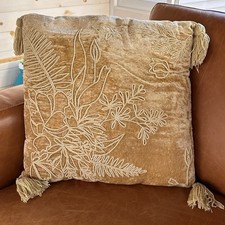 Retro Bohemian Botanical Velvet Embroidered Throw Pillow Tassels Leaf Eclectic