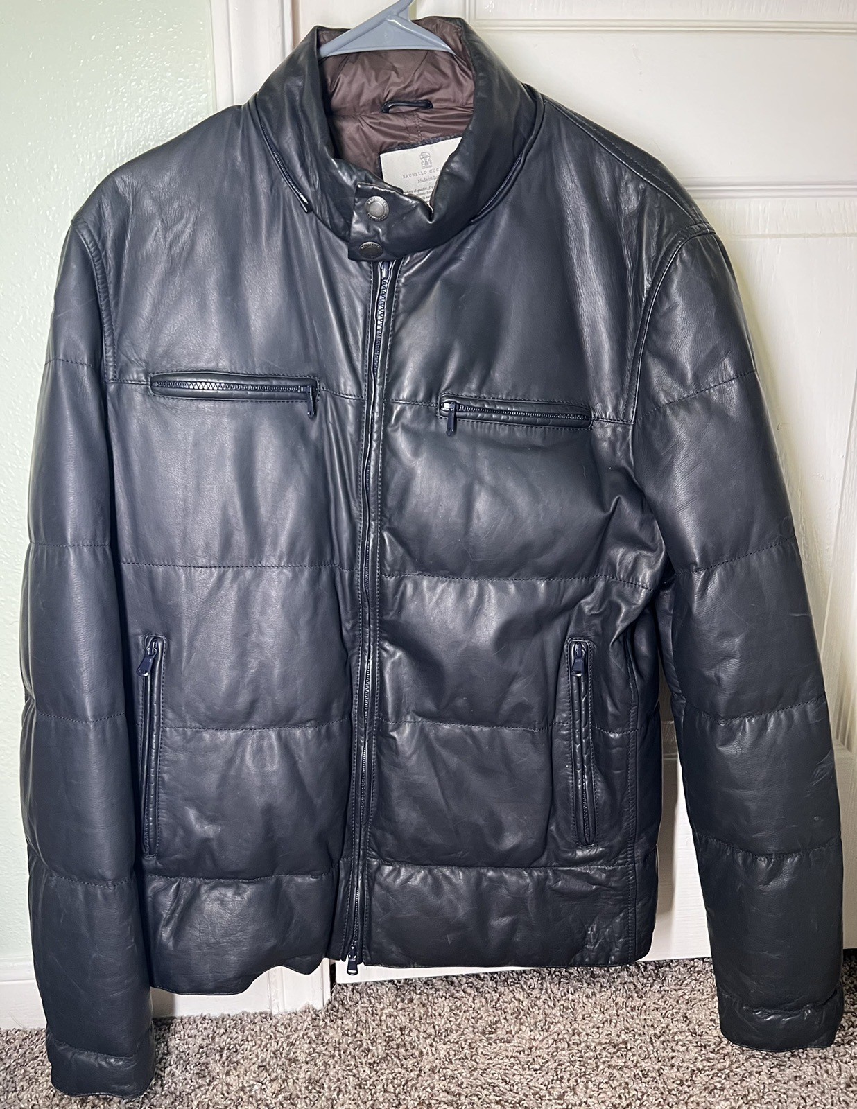Brunello Cucinelli Large Black Leather Jacket Coat Brown Nylon Bomber Italy