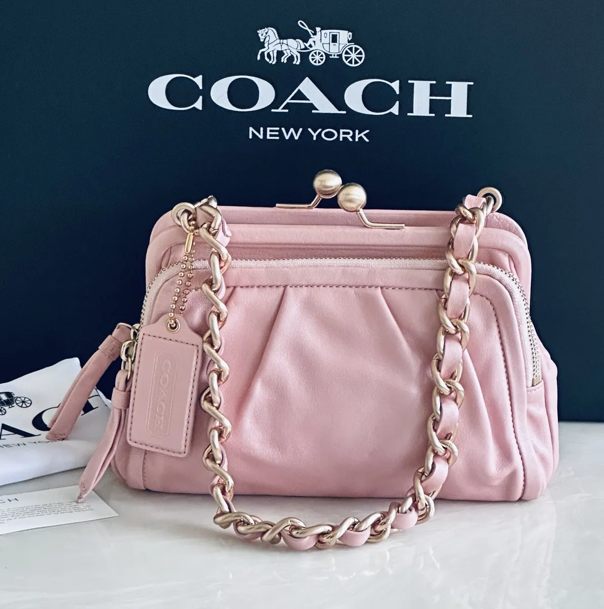 Pink patent coach tote purse, with silver hardware. - Gem