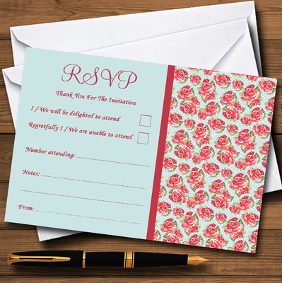 Personalisierte Antwortkarten blau und koralle rosa Blumen Shabby Chic Chintz
