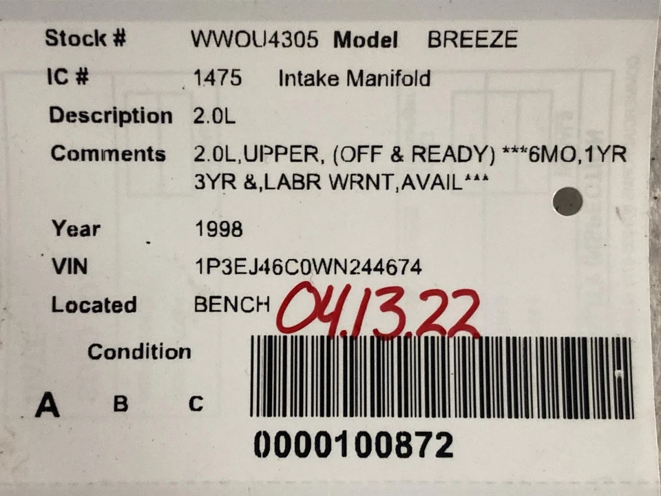 Used Engine Intake Manifold fits: 1998 Plymouth Breeze 4-122 2.0 Grade A Foto 3 de 4