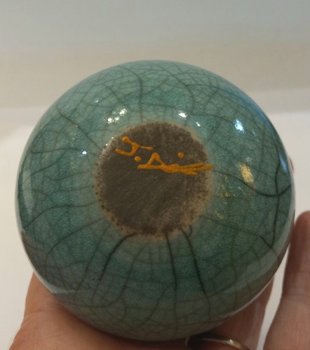 Mini Raku Pottery Turquoise Crackle Dream Jar 2.5" Signed J DILLER Quartz - Picture 7 of 9