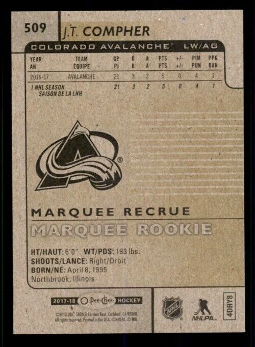 2017-18 O-Pee-Chee #509 J.T. Compher RC. - Image 2 of 2