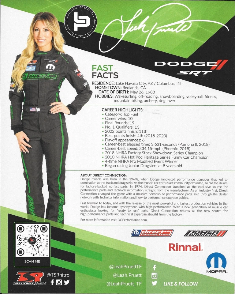 Leah Pritchett - Tarjeta de héroe autografiada PRUETT NHRA Top Fuel Dragster 2021 Foto 2 de 2