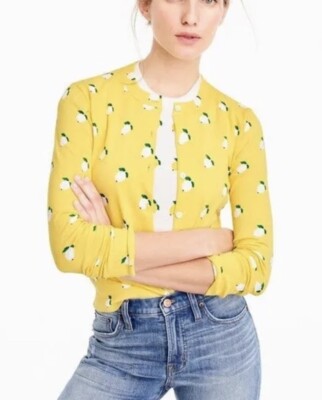 NWT J Crew Jackie Cardigan Sweater XS Lemon Print Bright Yellow