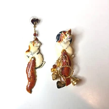 LUNCH AT THE RITZ Articulated Persian Cat Mismatch Dangle Enamel Post Earrings