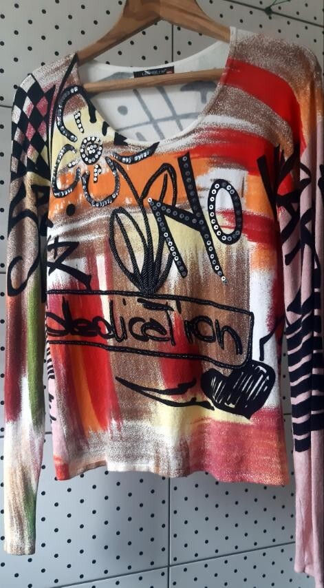 Louise FD Women's Pullover Multicolor Inscription Embroidery Silk Blend  Size M/L