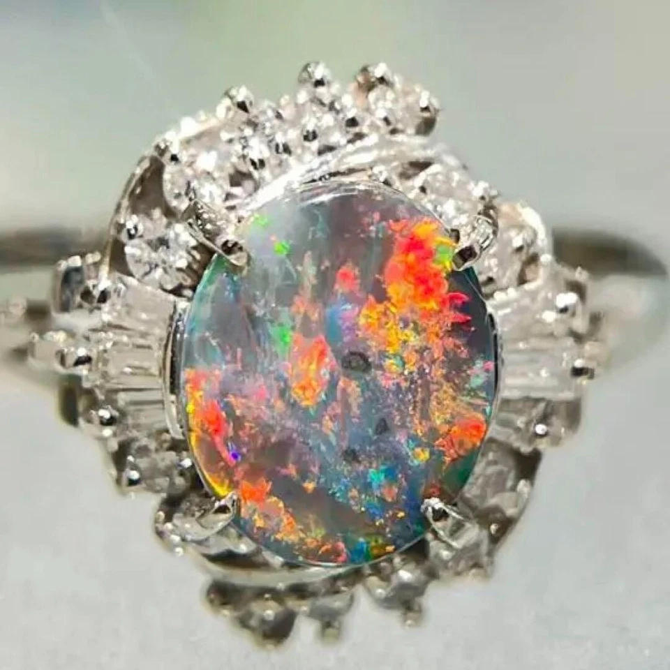 Ring Black opal diamond pt900 Australian Made with certificate Size: US 7.5-8 - Изображение 2 из 4