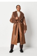 Missguided Tall Tan Faux Fur Vinyl Trench Coat Size 4