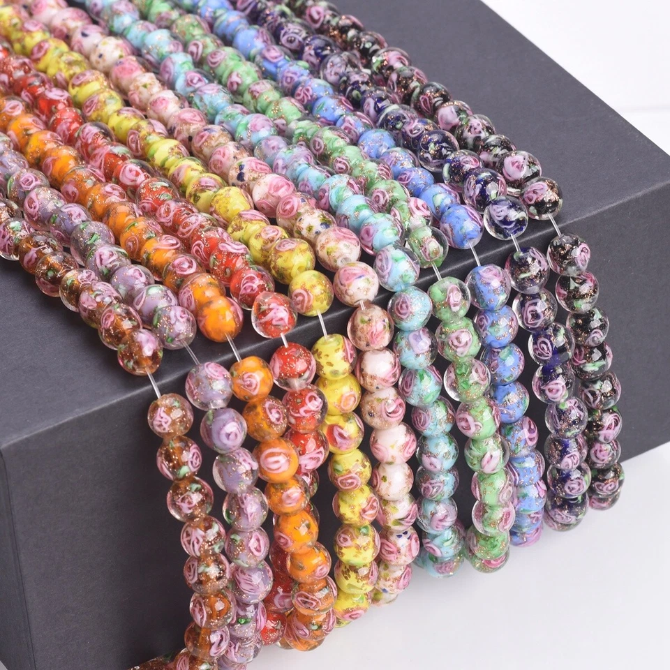 10pcs 8mm Round Golden Foil Flower Lampwork Glass Loose Beads For Jewelry Making - Image 2 of 3