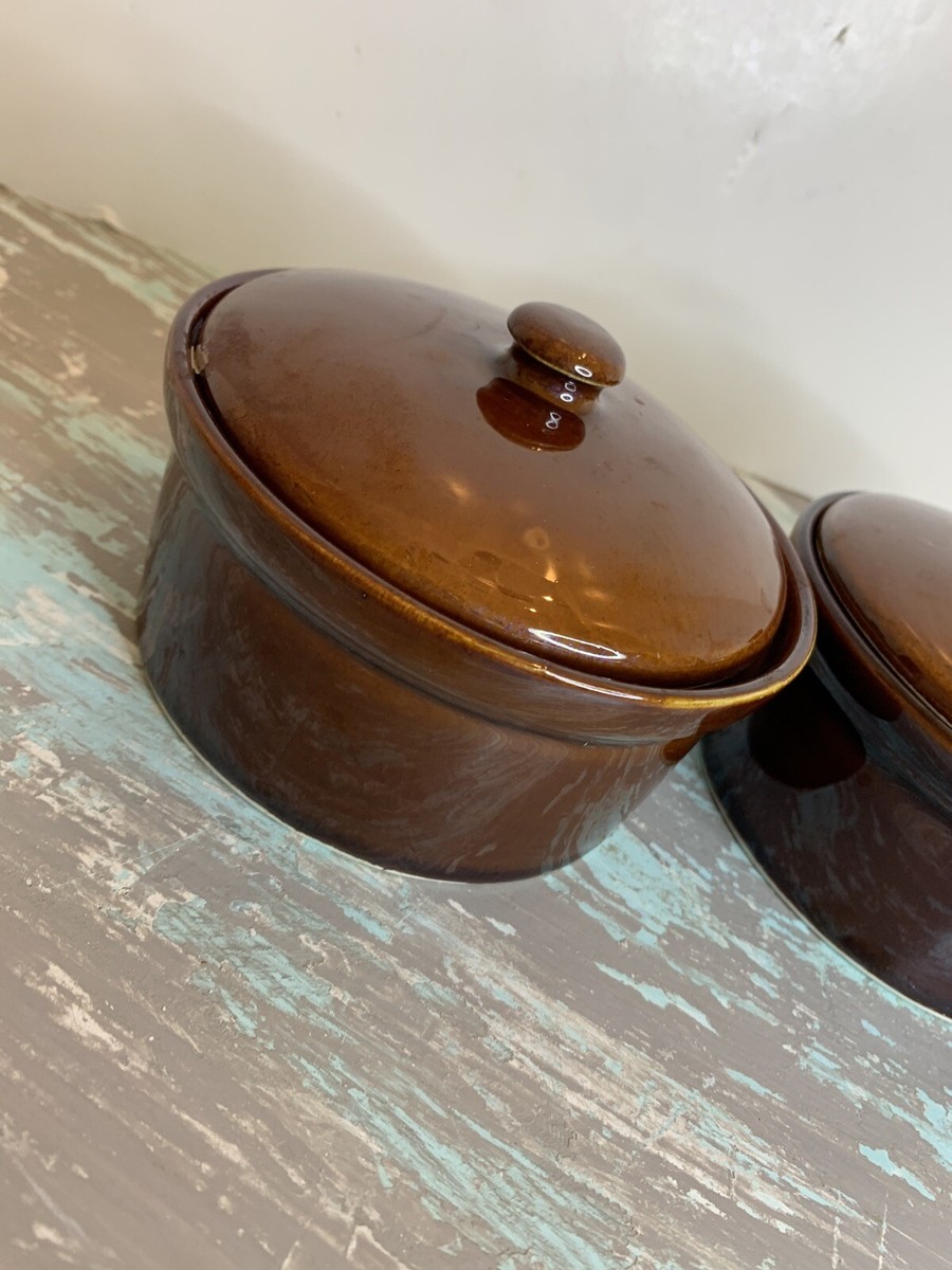 Vintage Set of 2 Rego Brown Stoneware Lidded Crocks Pots E518-07 5