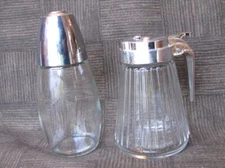 Sugar & Syrup Dispensers Mid Century Modern Style Glass w Plastic Lids Lot of 2 