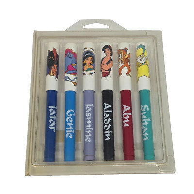 VINTAGE DISNEY ALADDIN THEME FELT TIP PENS LOT OF 6 JASMINE GENIE ABU ...