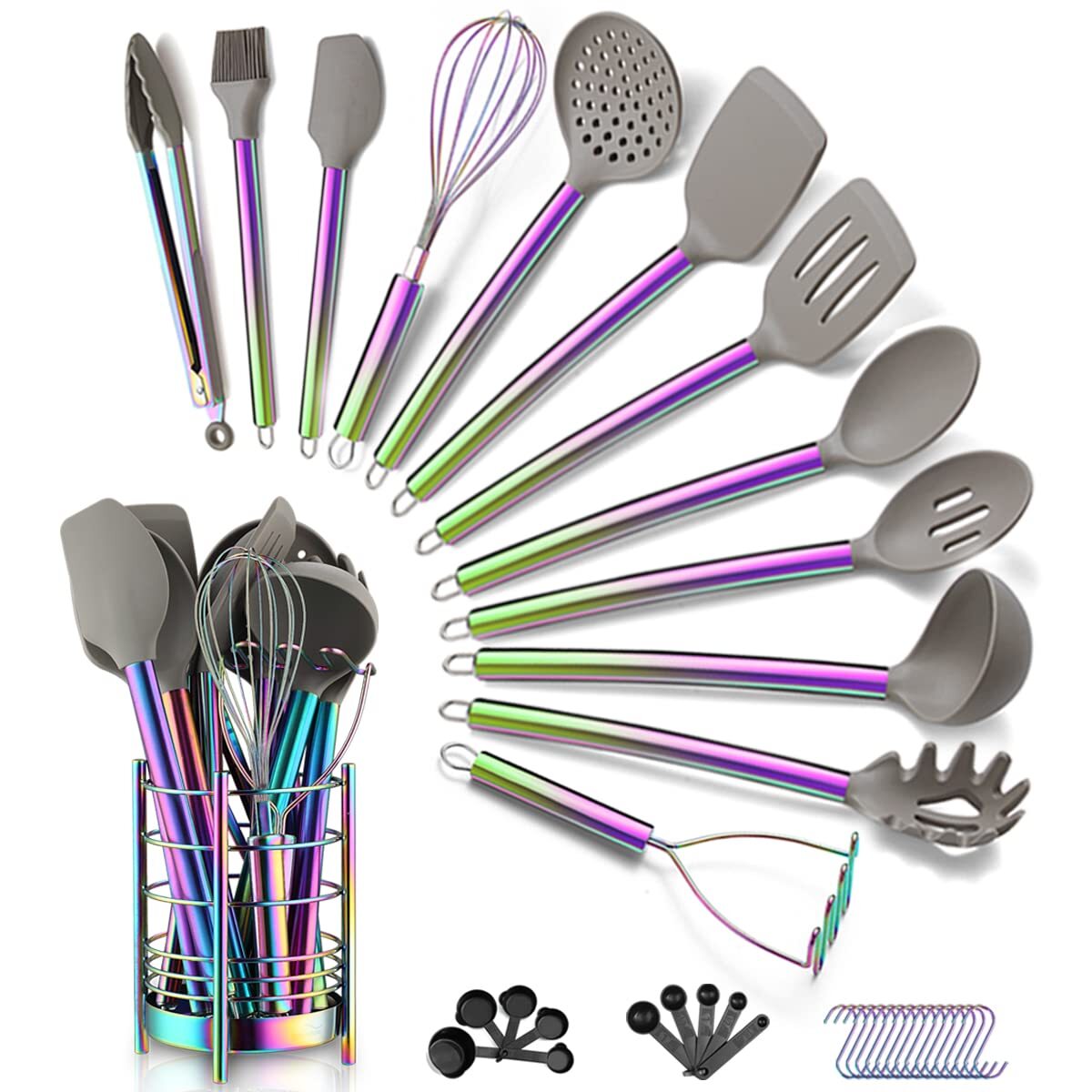 38 Piece Silicone kitchen Cooking Utensils Set with Utensil Crocks, Silicone ...