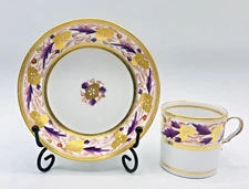Antique 19thC Gold Purple Floral Neoclassical Demitasse Cup Saucer Set Porcelain
