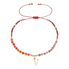 Gold Beaded Natural Stone Initial V Bracelets for Women, Boho Handmade Red Perso