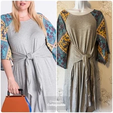 Davi and Dani Dress Women’s Size Large Gray Tie Waist Boho Bell Sleeves  NWT
