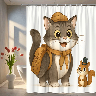 Cute Cat and Squirrel Shower Curtain, Fun Animal Design, Kids Bathroom Decor