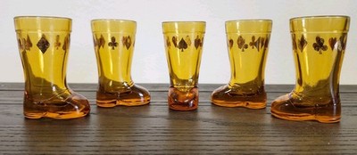 Mod Dep 5 PC Glass Cowboy Boot Playing Card Pattern Shot Glasses Amber Vintage