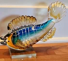 Vintage GCA Art Glass Murano Style Fish Blown Glass Hand Blown 9" Silver Fleck
