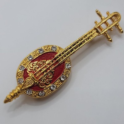 Vintage Gold Tone Sitar Veena Lute MandoIin Guitar Brooch Red Enamel Rhinestones